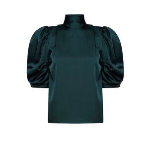 NWT Misa Los Angeles Luella Emerald Satin Top Mock Neck Blouson Sleeves Sz XS‎